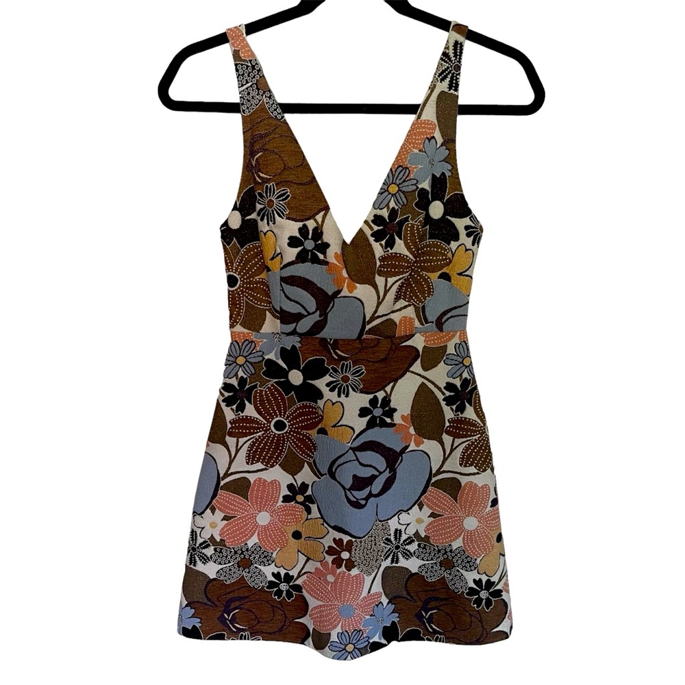 Trafaluc by Zara Floral Jacquard Mini Dress XS Metallic Sleeveless Deep V-Neck